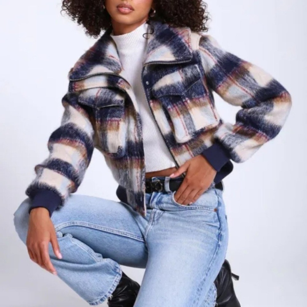 NWT 7 For All Mankind Furry Bomber Jacket in Plaid